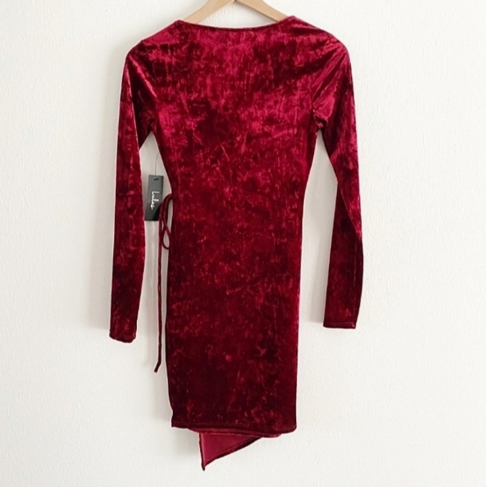 LULUS Galiana Faux Wrap Velvet Asymmetrical Hem Long Sleeve Mini Dress Size XS - Picture 3 of 9